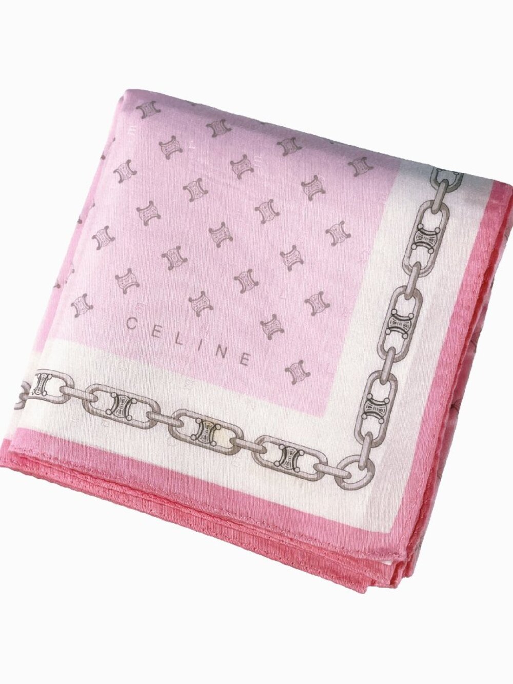 Vintage Celine Pink Cotton Handkerchief Scarf Triomphe Chain Logo Rolled Hem 22.